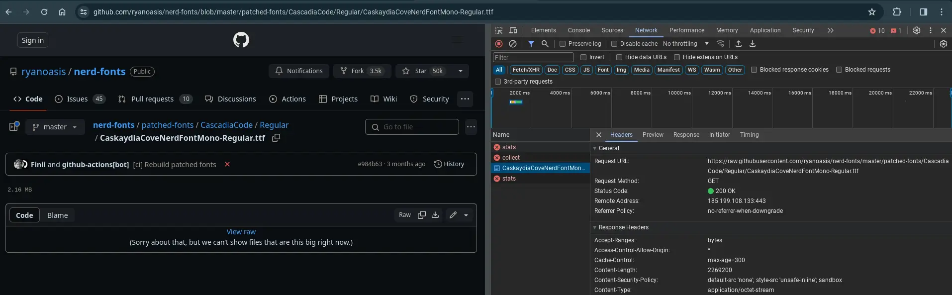 screenshot of chrome dev tools network tab after downloading a font