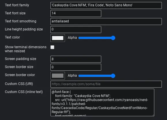 screenshot of chrome os terminal old preferences view